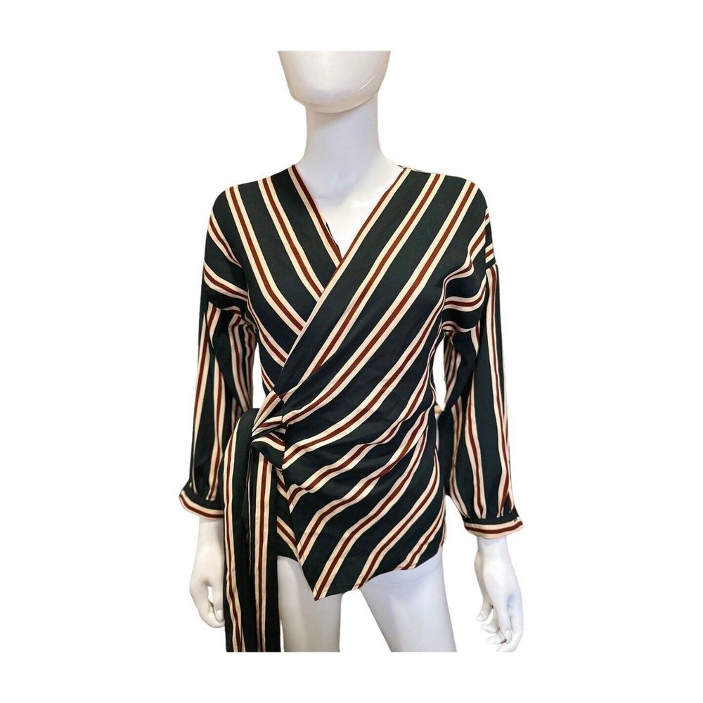 Zara Basic Collection Womens Blouse Wrap Size XS Red Blue Cream Tie Front - Picture 5 of 8